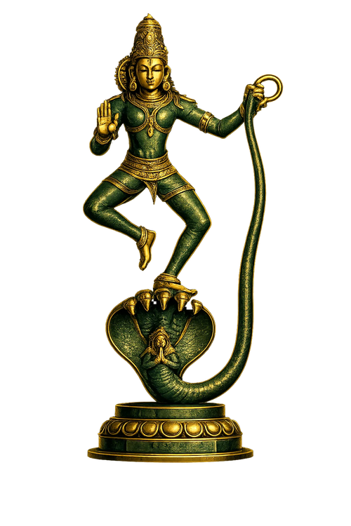 Handcrafted golden antique-bronze dancing deity statue on an ornate pedestal